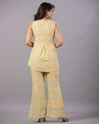 RAYON SLUB PRINTED SLEEVELESS TOP & BELL BOTTOM PANT 2