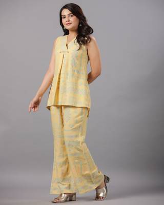RAYON SLUB PRINTED SLEEVELESS TOP & BELL BOTTOM PANT 3