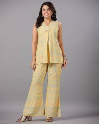 RAYON SLUB PRINTED SLEEVELESS TOP & BELL BOTTOM PANT 5