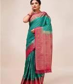 Indian Women Rama Green Dola Silk Weaving Woven Design Fusion Saree