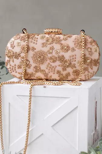 Beige embroidered ada capsule clutch