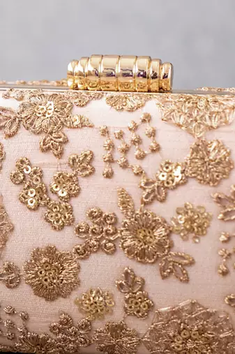 Beige embroidered ada capsule clutch