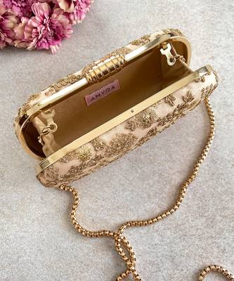 Beige embroidered ada capsule clutch 4