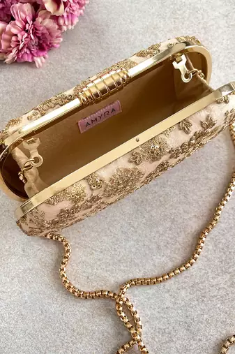 Beige embroidered ada capsule clutch
