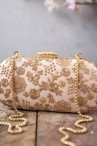 Beige embroidered ada capsule clutch