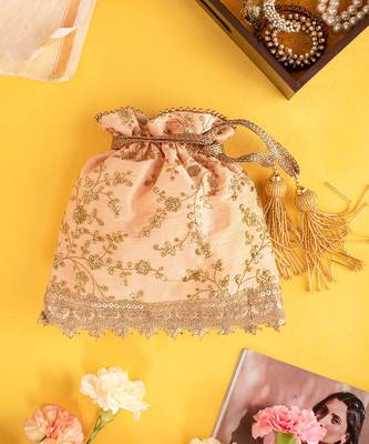 Peach alia silk embroidered potli bag 1