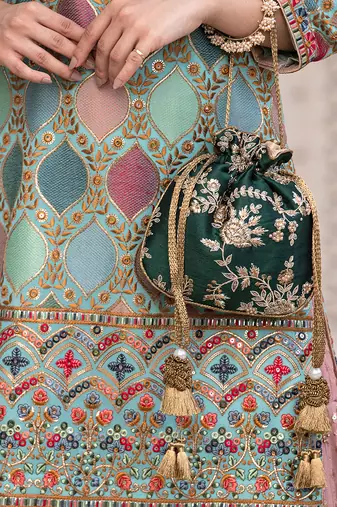 Green embroidered potli bag
