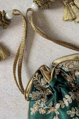 Green embroidered potli bag