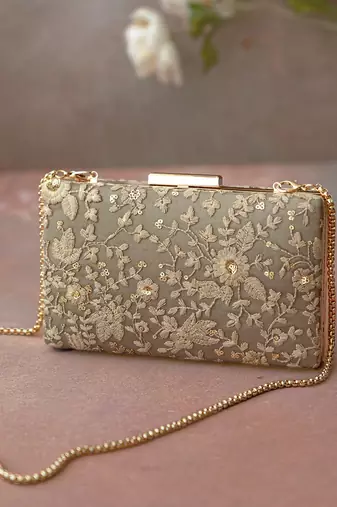 Grey embroidered box clutch