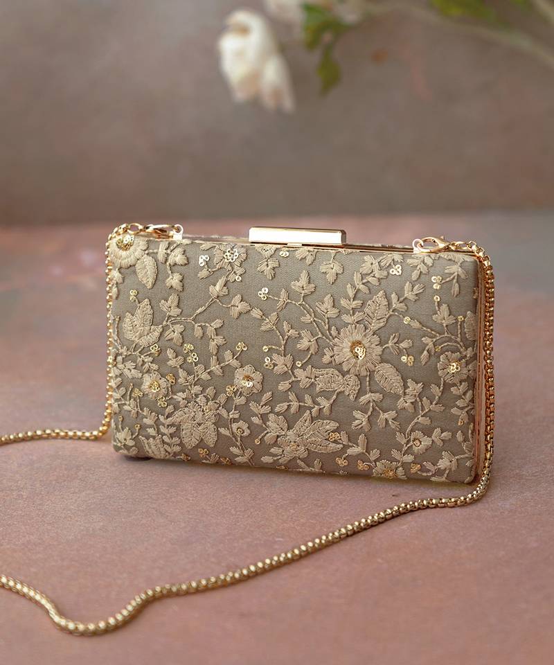 Grey embroidered box clutch