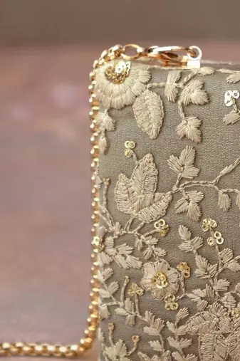 Grey embroidered box clutch