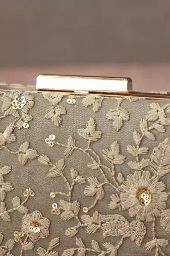 Grey embroidered box clutch