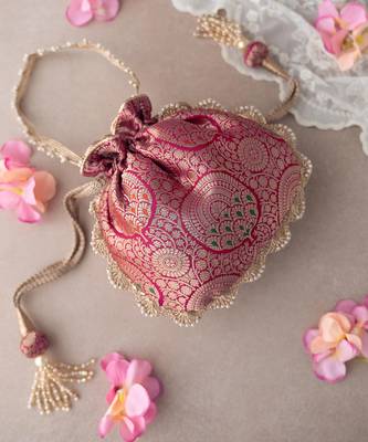 Dark pink kashi banarasi silk potli bag 1