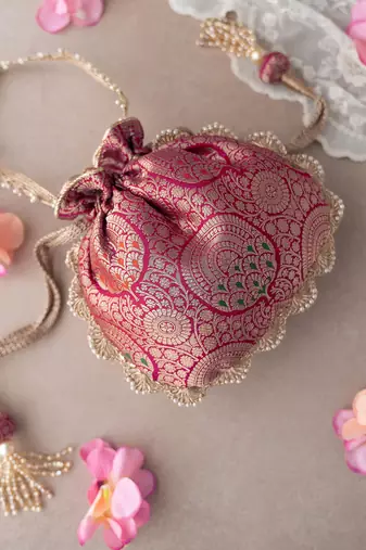 Dark pink kashi banarasi silk potli bag
