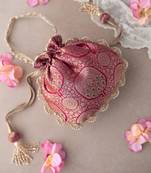 Dark pink kashi banarasi silk potli bag