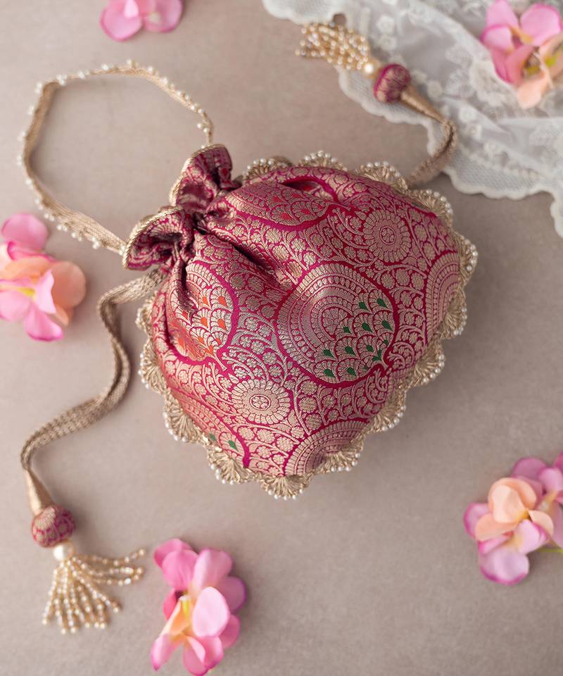 Dark pink kashi banarasi silk potli bag