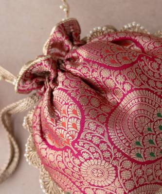 Dark pink kashi banarasi silk potli bag 2