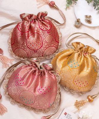 Dark pink kashi banarasi silk potli bag 5