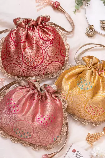 Dark pink kashi banarasi silk potli bag