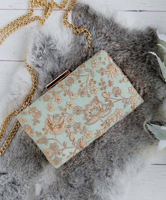 Mint blue leya embroidered clutch with sling 1