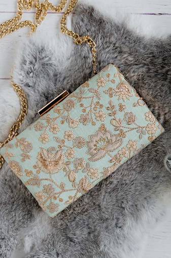Mint blue leya embroidered clutch with sling