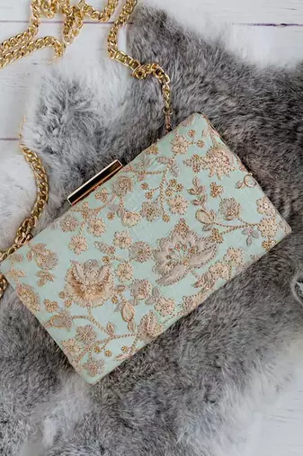 Mint blue leya embroidered clutch with sling