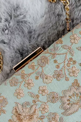 Mint blue leya embroidered clutch with sling