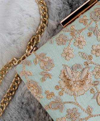 Mint blue leya embroidered clutch with sling 3