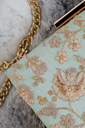 Mint blue leya embroidered clutch with sling