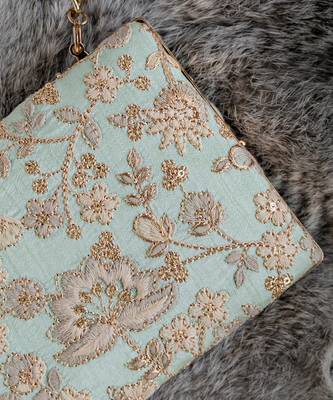 Mint blue leya embroidered clutch with sling 4