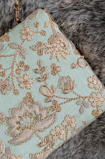 Mint blue leya embroidered clutch with sling