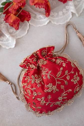 Red embroidered pearl potli bag