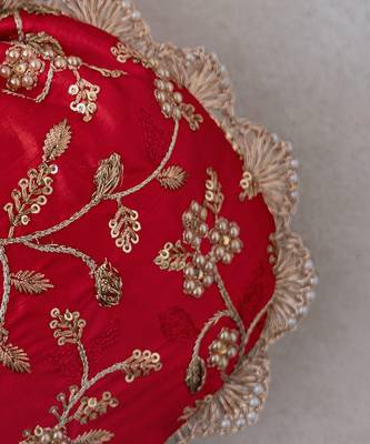 Red embroidered pearl potli bag 4