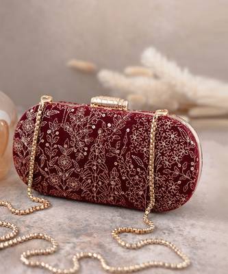 Maroon thea velvet embroidered clutch 1