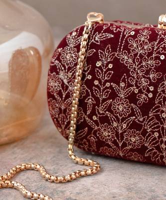 Maroon thea velvet embroidered clutch 3
