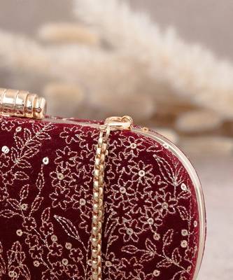 Maroon thea velvet embroidered clutch 4