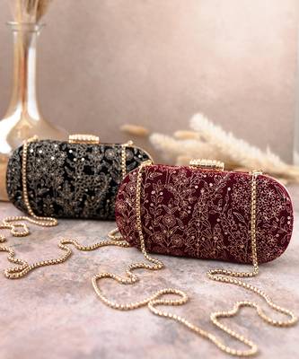 Maroon thea velvet embroidered clutch 5