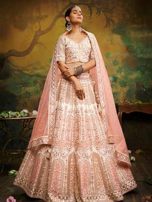 Off White Pure Silk Moti & Zarkan heavy embroidery Semi-Stitched Lehenga choli & Dupatta 5