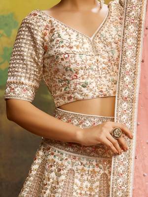 Off White Pure Silk Moti & Zarkan heavy embroidery Semi-Stitched Lehenga choli & Dupatta 6