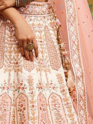Off White Pure Silk Moti & Zarkan heavy embroidery Semi-Stitched Lehenga choli & Dupatta 7