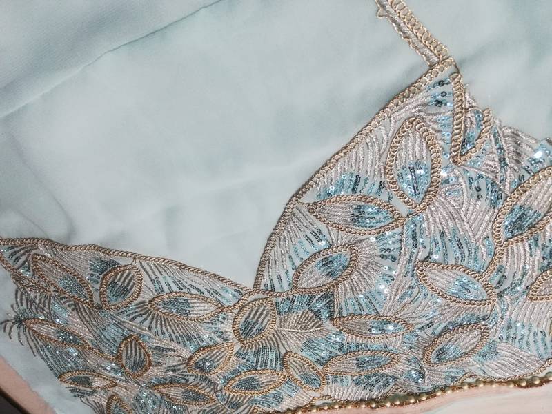 Turquoise Crush Work Sequins Zari And Dori Embroidered Faux Georgette Party Wear Lehenga Choli