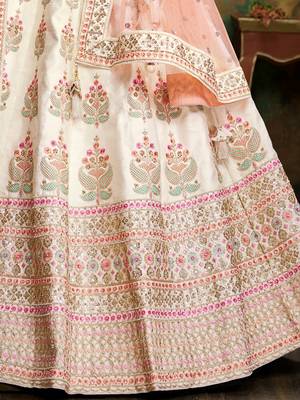 Off White Pure Silk Moti & Zarkan heavy embroidery Semi-Stitched Lehenga choli & Dupatta 5