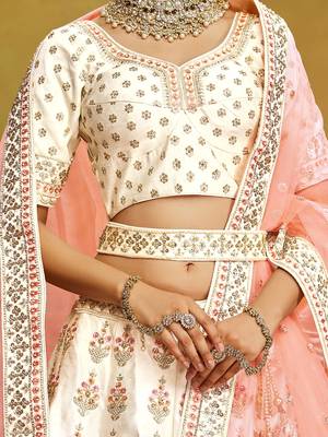 Off White Pure Silk Moti & Zarkan heavy embroidery Semi-Stitched Lehenga choli & Dupatta 6
