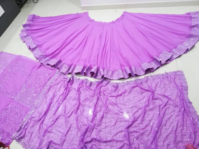 Lavender Sequence With Thread Embroidery Work Faux Georgette Lehenga Choli For Wedding