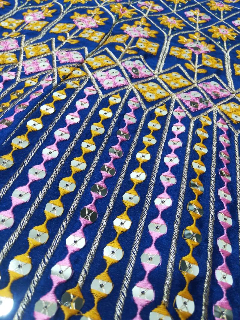 Blue Sequins Thread And Zari Embroidered Chinon Designer Lehenga Choli For Wedding