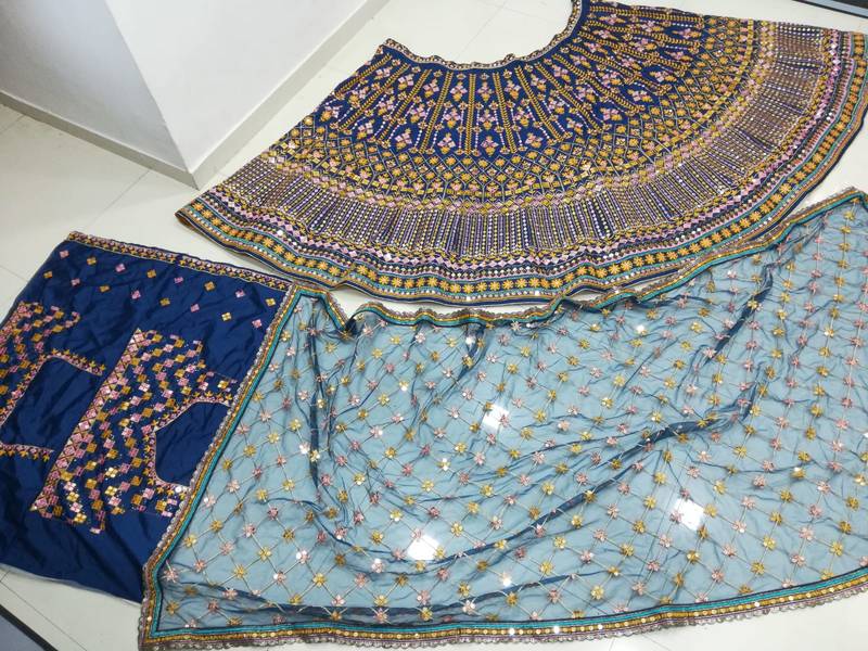 Blue Sequins Thread And Zari Embroidered Chinon Designer Lehenga Choli For Wedding