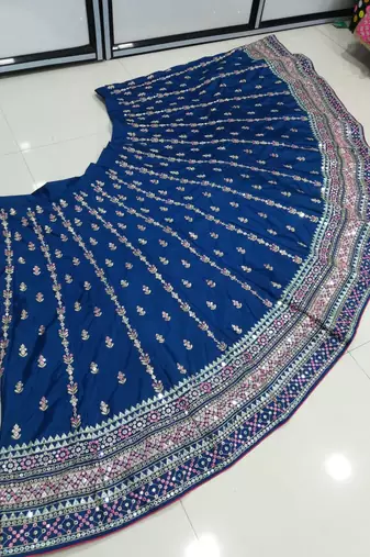Blue Sequins Thread And Zari Embroidered Chinon Designer Lehenga For Bride