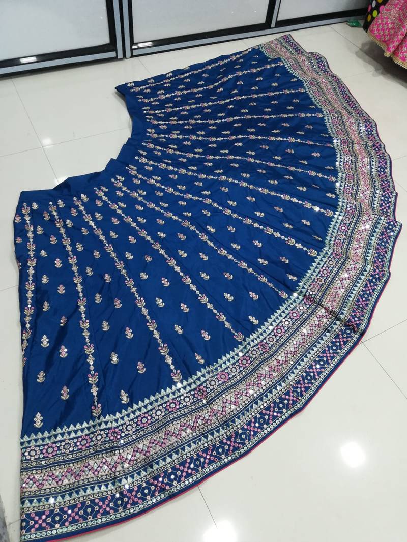 Blue Sequins Thread And Zari Embroidered Chinon Designer Lehenga For Bride
