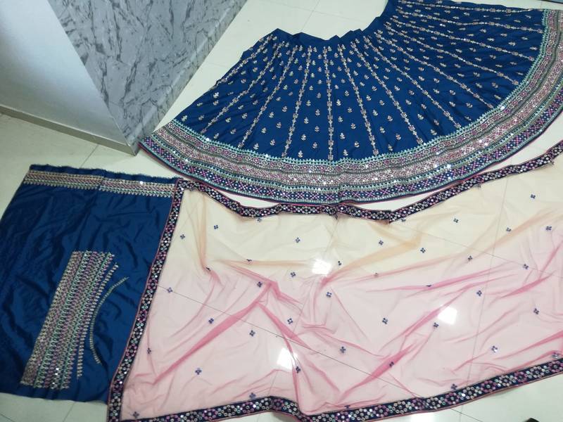 Blue Sequins Thread And Zari Embroidered Chinon Designer Lehenga For Bride