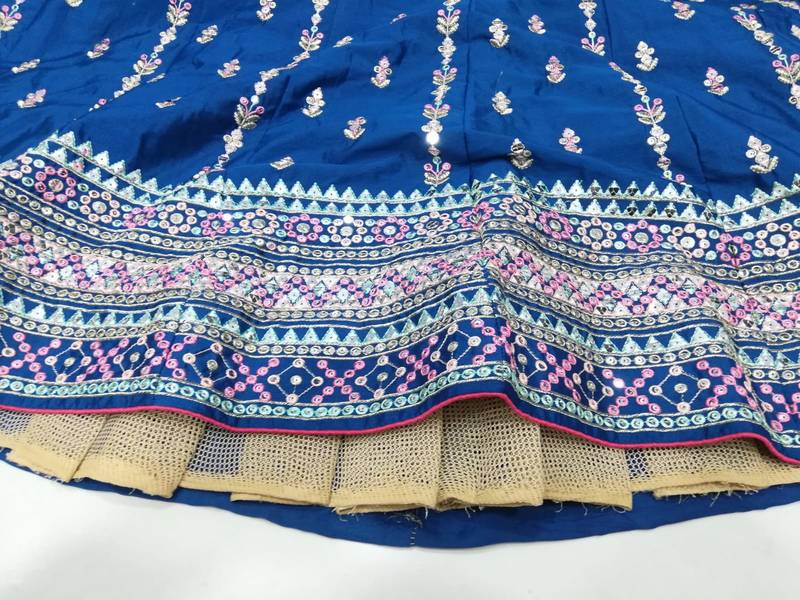 Blue Sequins Thread And Zari Embroidered Chinon Designer Lehenga For Bride